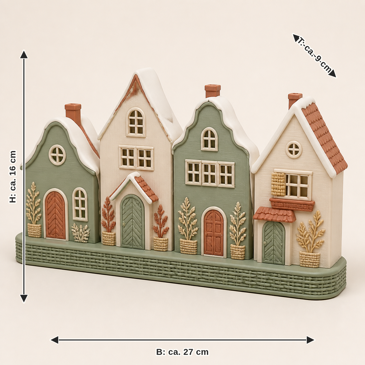 Maßbild für Winterdorf Schneegasse – Landhaus: Breite ca. 27 cm, Tiefe ca. 9 cm, Höhe ca. 16 cm
