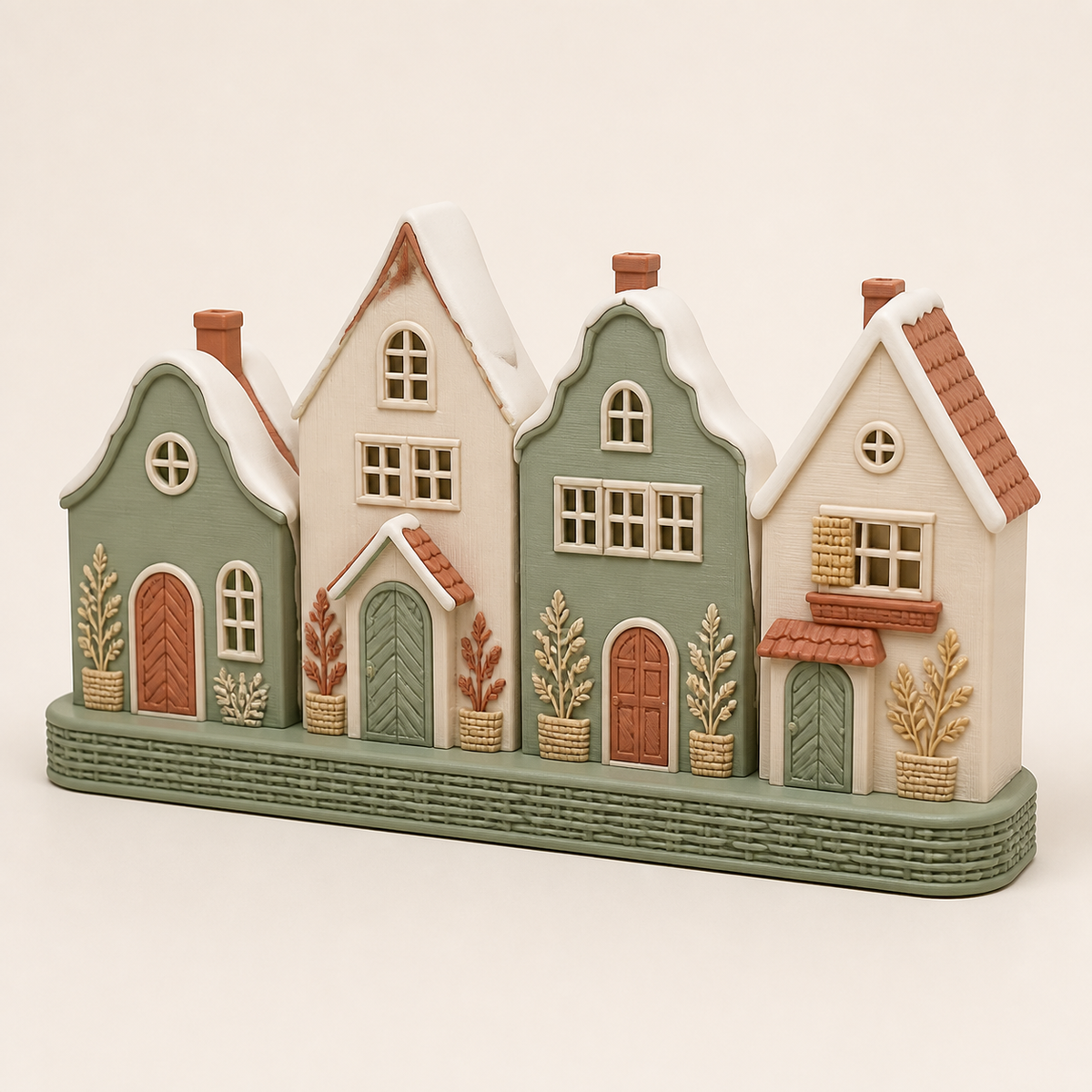 Winterdorf Schneegasse im Stil Landhaus aus 3D-gedrucktem PETG in Salbeigrün, Creme, Terrakotta