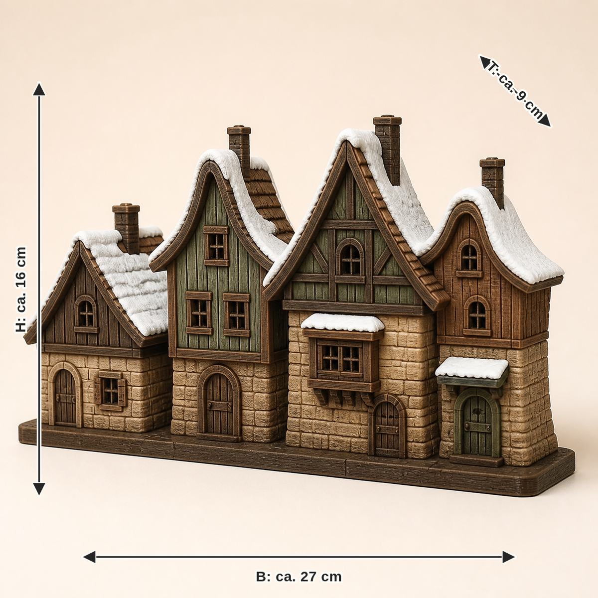 Maßbild für Winterdorf Schneegasse – Urig: Breite ca. 27 cm, Tiefe ca. 9 cm, Höhe ca. 16 cm