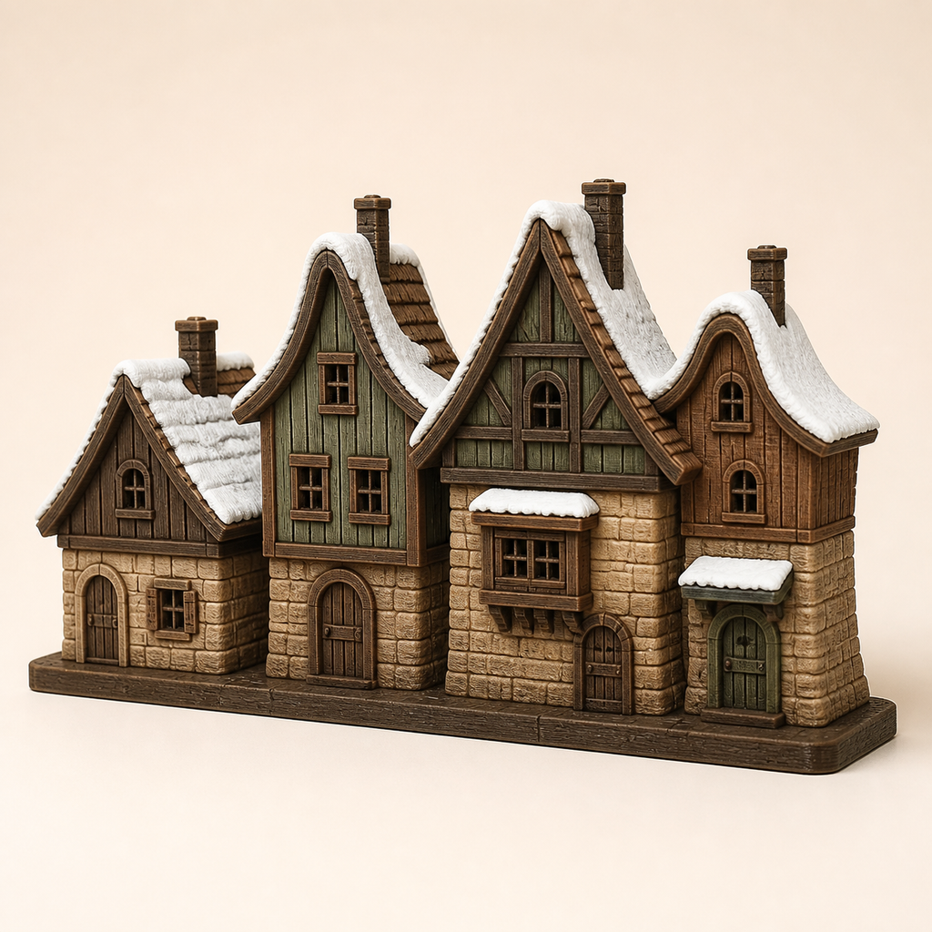winter village Schneegasse in style Rustic from 3D-printed PETG in walnut brown, moss green, Sand