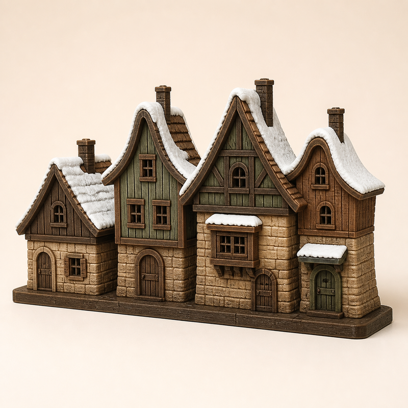 winter village Schneegasse in style Rustic from 3D-printed PETG in walnut brown, moss green, Sand