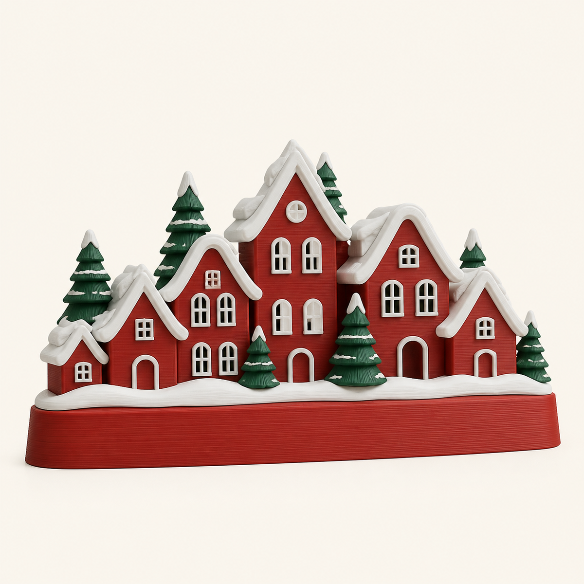 winter village table top village line in 3D printed PETG in brick red, snow white, fir green