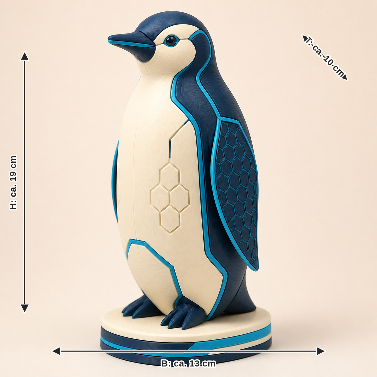 Maßbild für Winterfigur Pinguin Eisgruß – Futuristisch: Breite ca. 13 cm, Tiefe ca. 10 cm, Höhe ca. 19 cm