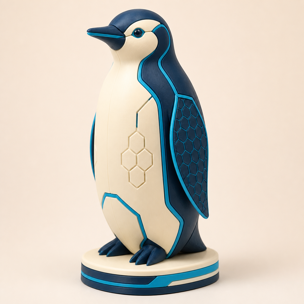 Winterfigur Pinguin Eisgruß im Stil Futuristisch aus 3D-gedrucktem PETG in Creme, Dunkelblau, Cyan