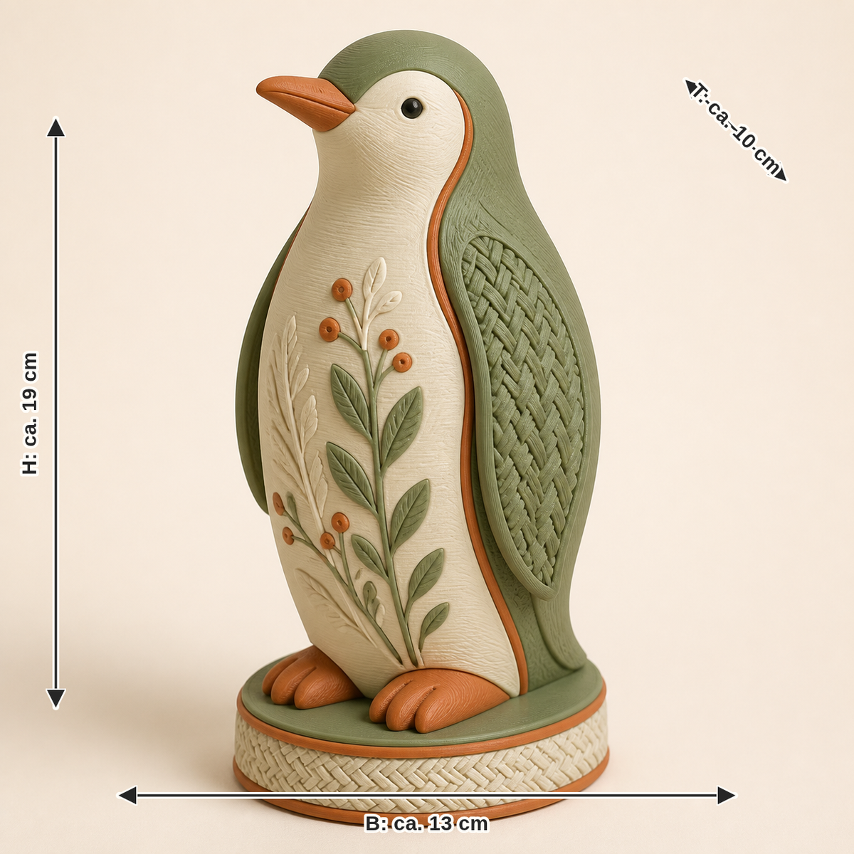 Maßbild für Winterfigur Pinguin Eisgruß – Landhaus: Breite ca. 13 cm, Tiefe ca. 10 cm, Höhe ca. 19 cm