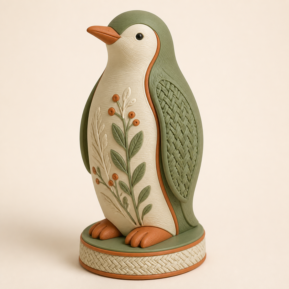 Winterfigur Pinguin Eisgruß im Stil Landhaus aus 3D-gedrucktem PETG in Salbeigrün, Creme, Terrakotta