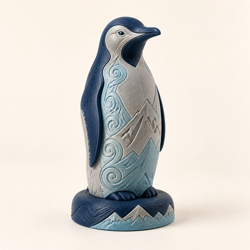 Winterfigur Pinguin Eisgruß im Stil Nordisch & Mythisch aus 3D-gedrucktem PETG in Dunkelblau, Steingrau, Eisblau