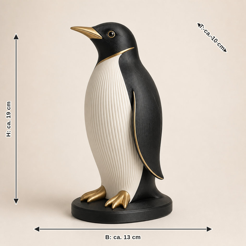 Maßbild für Winterfigur Pinguin Eisgruß – Zeitlos: Breite ca. 13 cm, Tiefe ca. 10 cm, Höhe ca. 19 cm