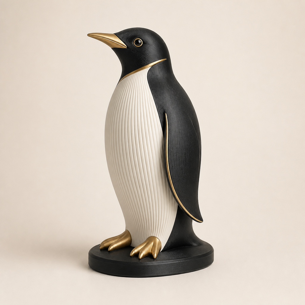 Winterfigur Pinguin Eisgruß im Stil Zeitlos aus 3D-gedrucktem PETG in Elfenbein, Graphit, Messing