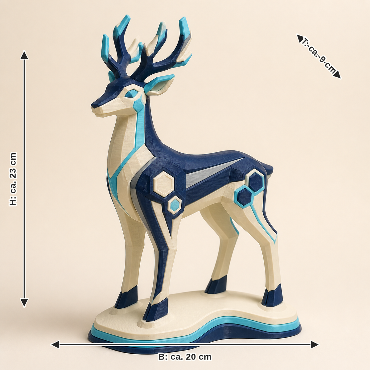 Maßbild für Winterfigur Rentier Schneepfad – Futuristisch: Breite ca. 20 cm, Tiefe ca. 9 cm, Höhe ca. 23 cm