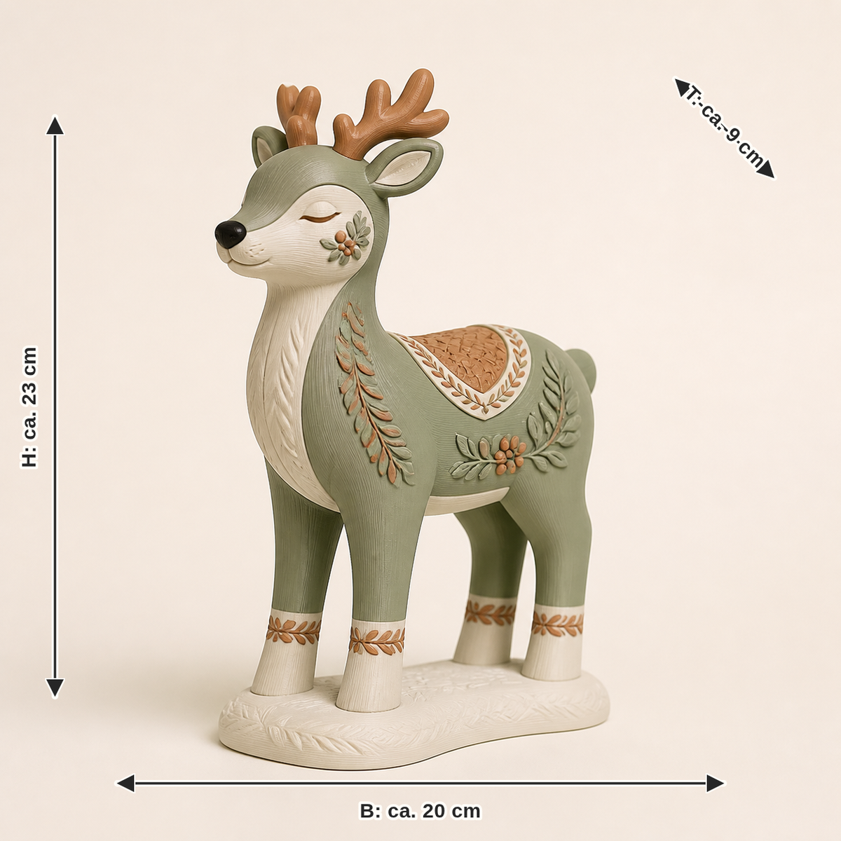 Maßbild für Winterfigur Rentier Schneepfad – Landhaus: Breite ca. 20 cm, Tiefe ca. 9 cm, Höhe ca. 23 cm