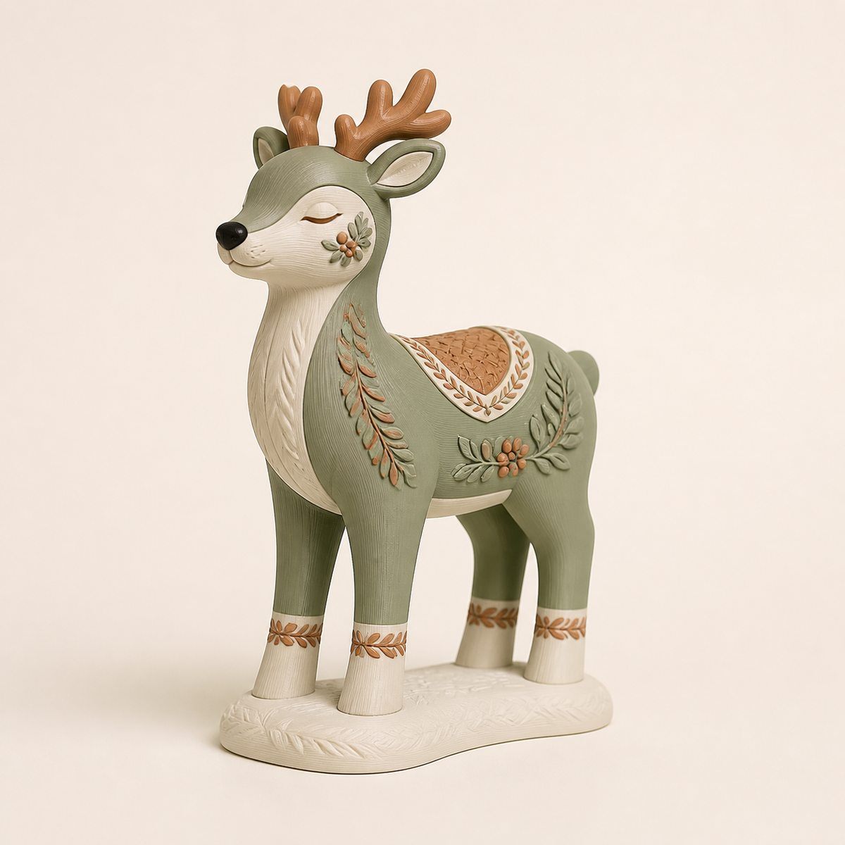 Winterfigur Rentier Schneepfad im Stil Landhaus aus 3D-gedrucktem PETG in Salbeigrün, Creme, Terrakotta