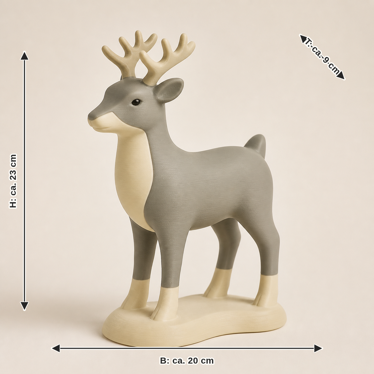 Maßbild für Winterfigur Rentier Schneepfad – Minimalistisch: Breite ca. 20 cm, Tiefe ca. 9 cm, Höhe ca. 23 cm