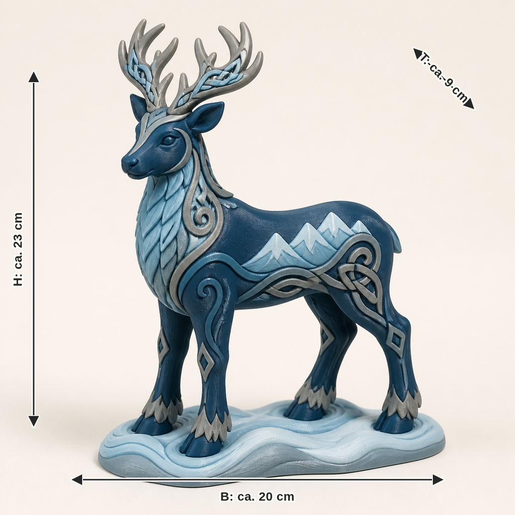 Maßbild für Winterfigur Rentier Schneepfad – Nordisch & Mythisch: Breite ca. 20 cm, Tiefe ca. 9 cm, Höhe ca. 23 cm