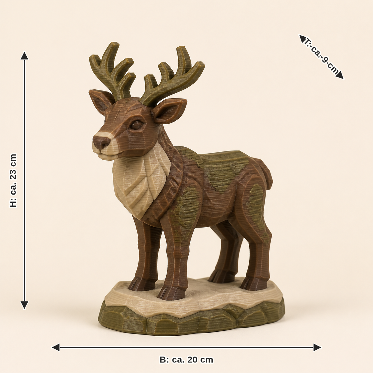 Maßbild für Winterfigur Rentier Schneepfad – Urig: Breite ca. 20 cm, Tiefe ca. 9 cm, Höhe ca. 23 cm