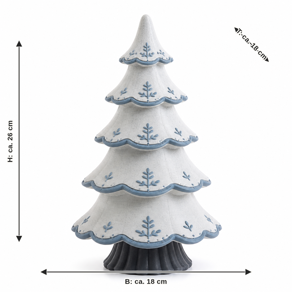 Maßbild für Winterlicher Deko-Weihnachtsbaum in Weiß und Graublau: Breite ca. 18 cm, Tiefe ca. 18 cm, Höhe ca. 26 cm