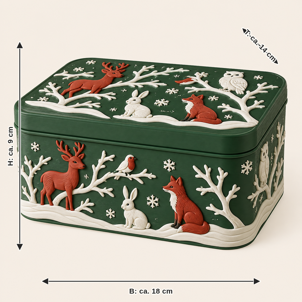 Dimensional image for Winter animal storage box Winter rest: width approx. 18 cm, depth approx. 14 cm, height approx. 9 cm