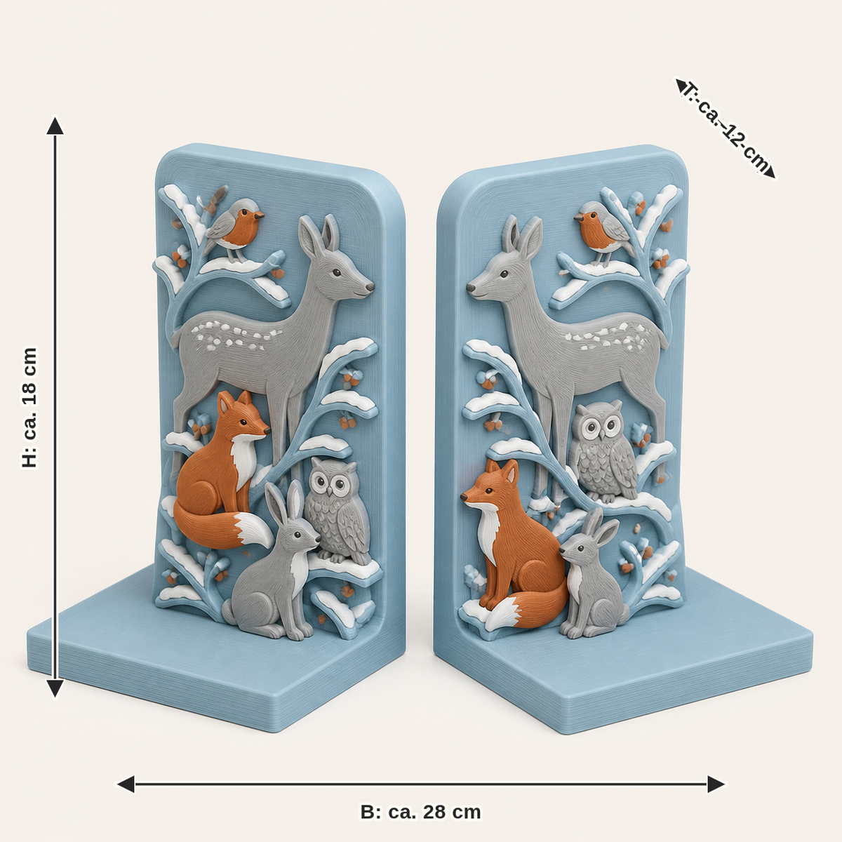 Dimensional image for winter animal-bookends-pair double deer: width approx. 28 cm, depth approx. 12 cm, height approx. 18 cm