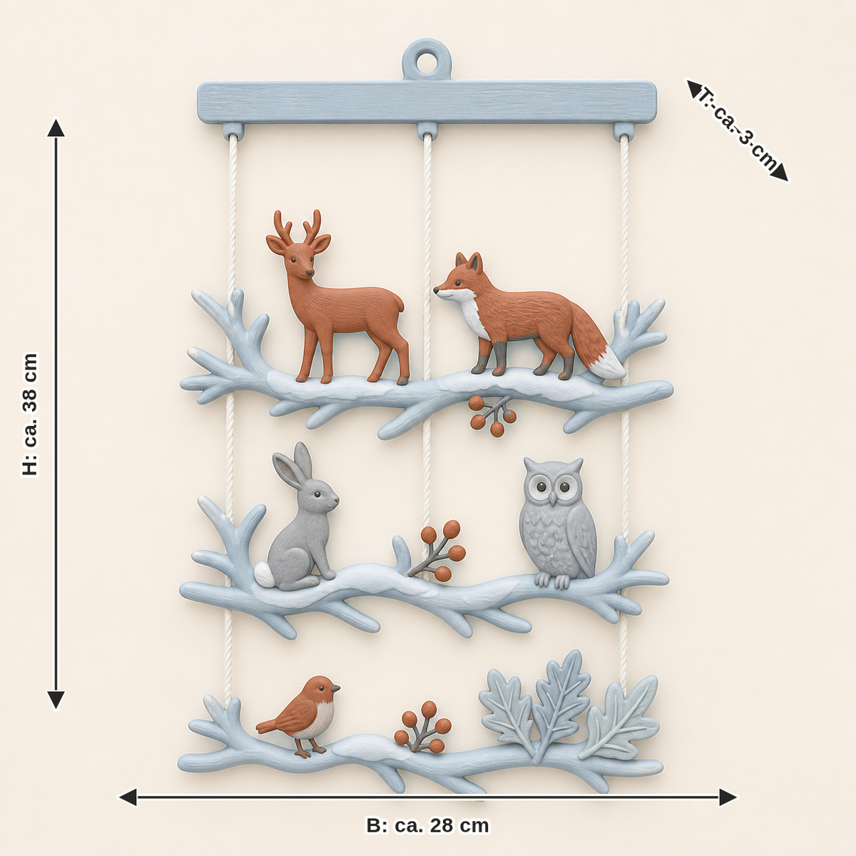 Dimensional picture for winter animal mobile animal dance: width about 28 cm, depth about 3 cm, height about 38 cm