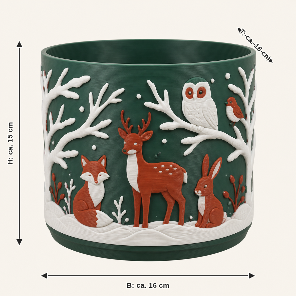 Dimensional image for winter animal planter fox plug: width approx. 16 cm, depth approx. 16 cm, height approx. 15 cm