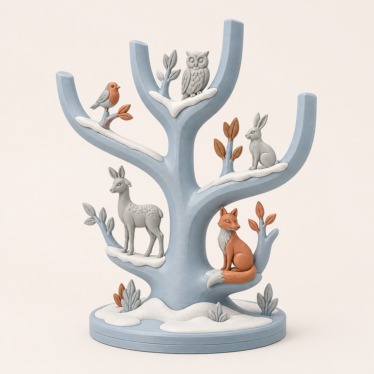 Winter animal ring holder in 3D printed PETG in ice blue, terracotta, silver grey
