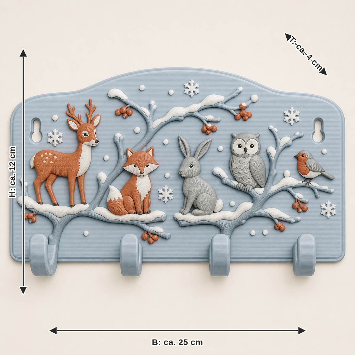 Dimensional picture for winter animal-key rack forest hooks: width about 25 cm, depth about 4 cm, height about 12 cm