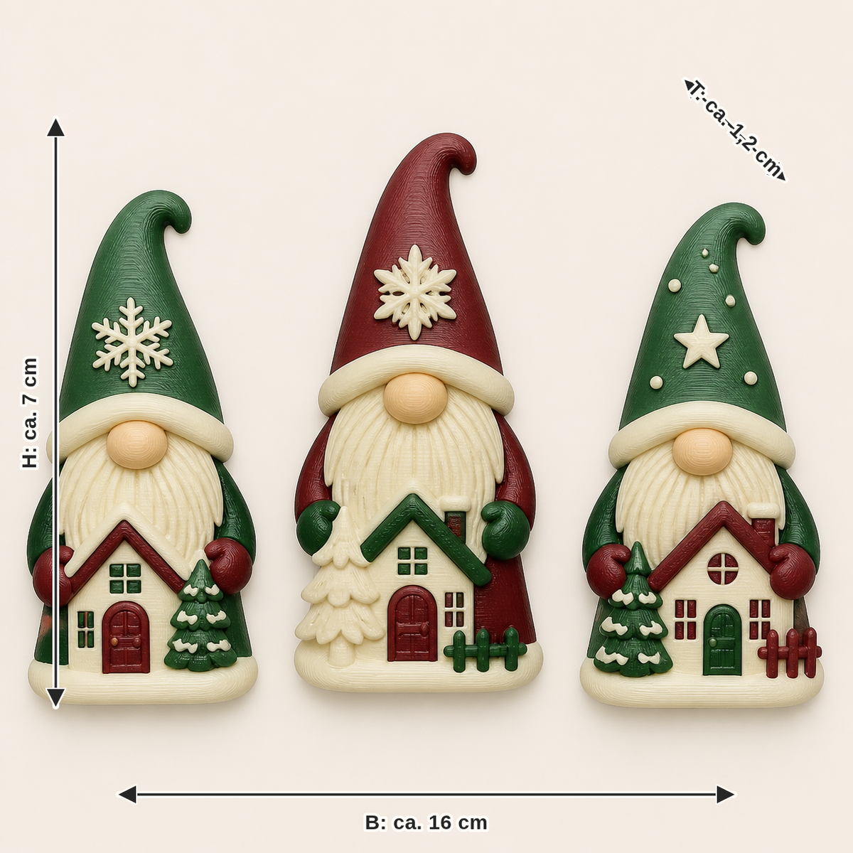 Measurement for Winterweight Magnet Set Wichtel Trio: width approx. 16 cm, depth approx. 1.2 cm, height approx. 7 cm