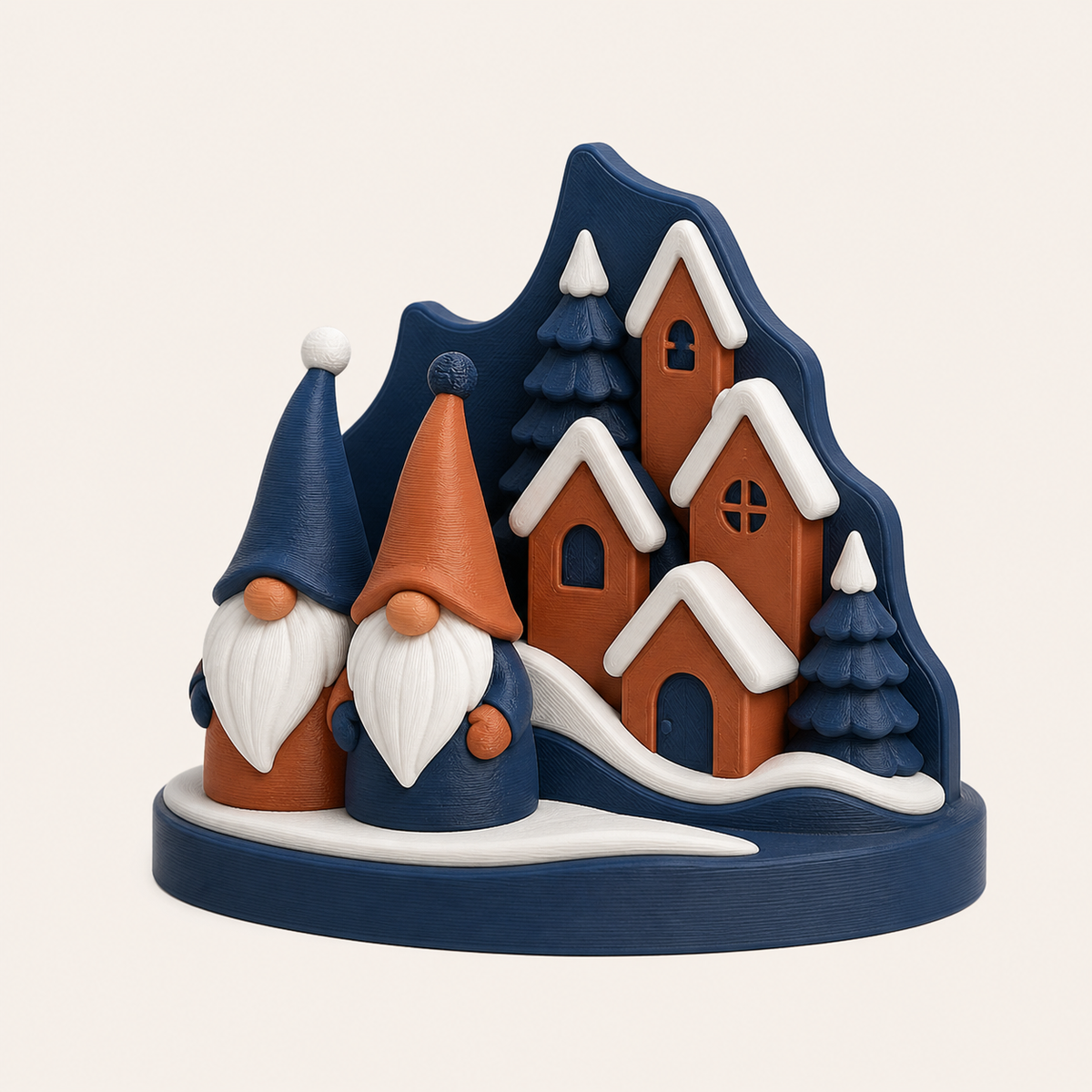 Winterwichtel-Mini-Skulptur Winterfreunde aus 3D-gedrucktem PETG in Nachtblau, Terrakotta, Schneeweiß