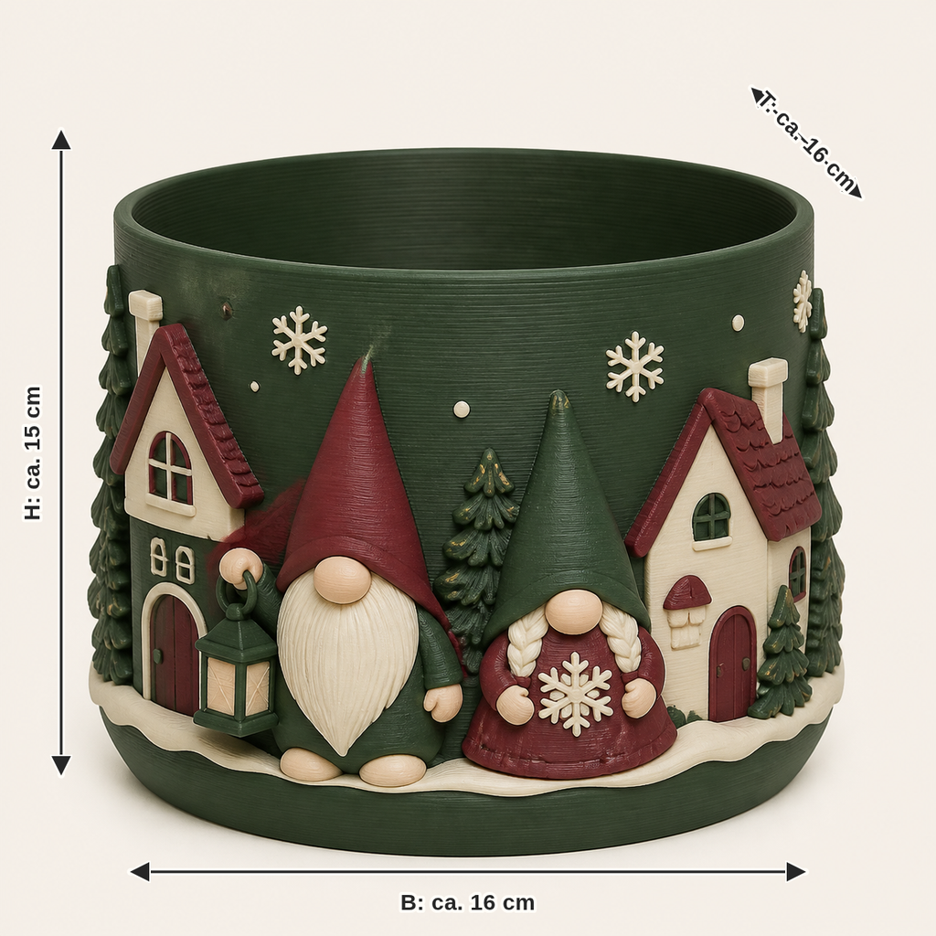 Maßbild für Winterwichtel-Pflanzübertopf Wichteltopf: Breite ca. 16 cm, Tiefe ca. 16 cm, Höhe ca. 15 cm