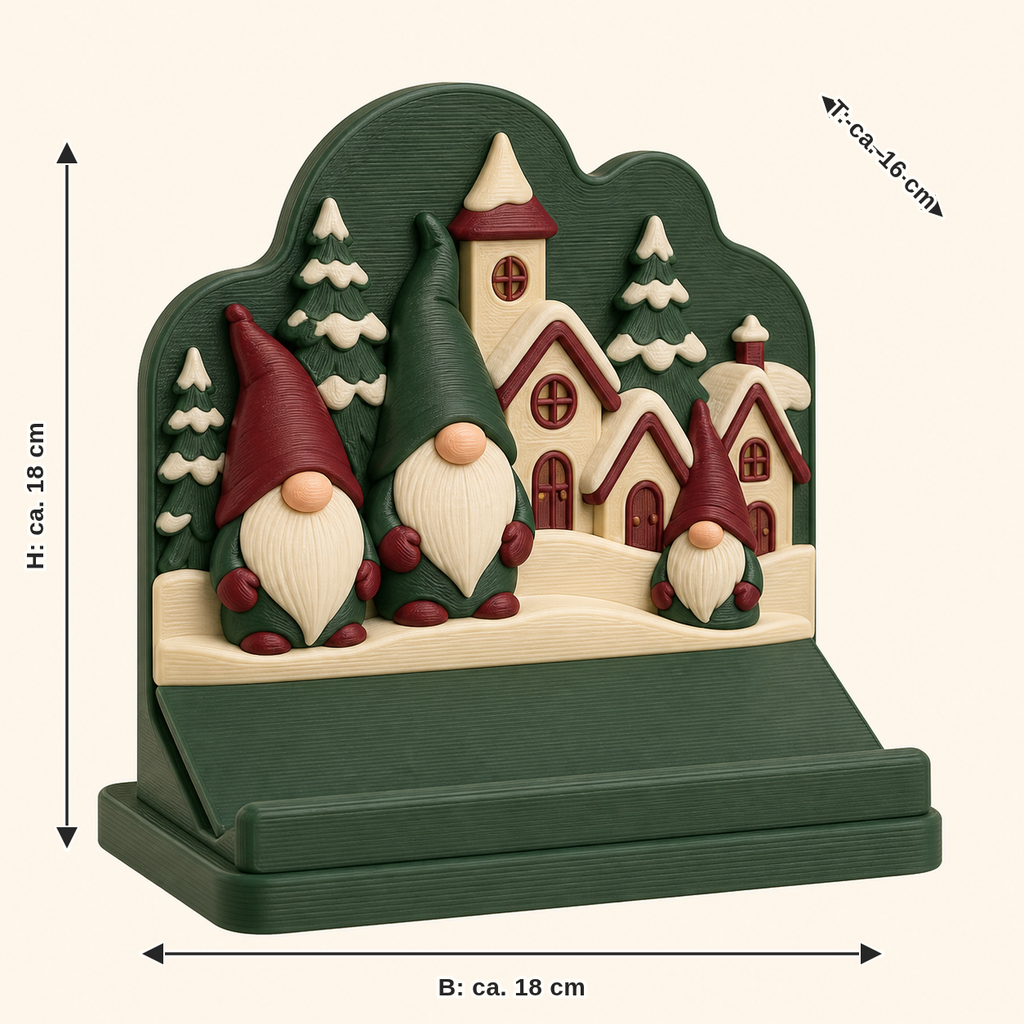 Maßbild für Winterwichtel-Präsentationsständer Wichtelbühne: Breite ca. 18 cm, Tiefe ca. 16 cm, Höhe ca. 18 cm