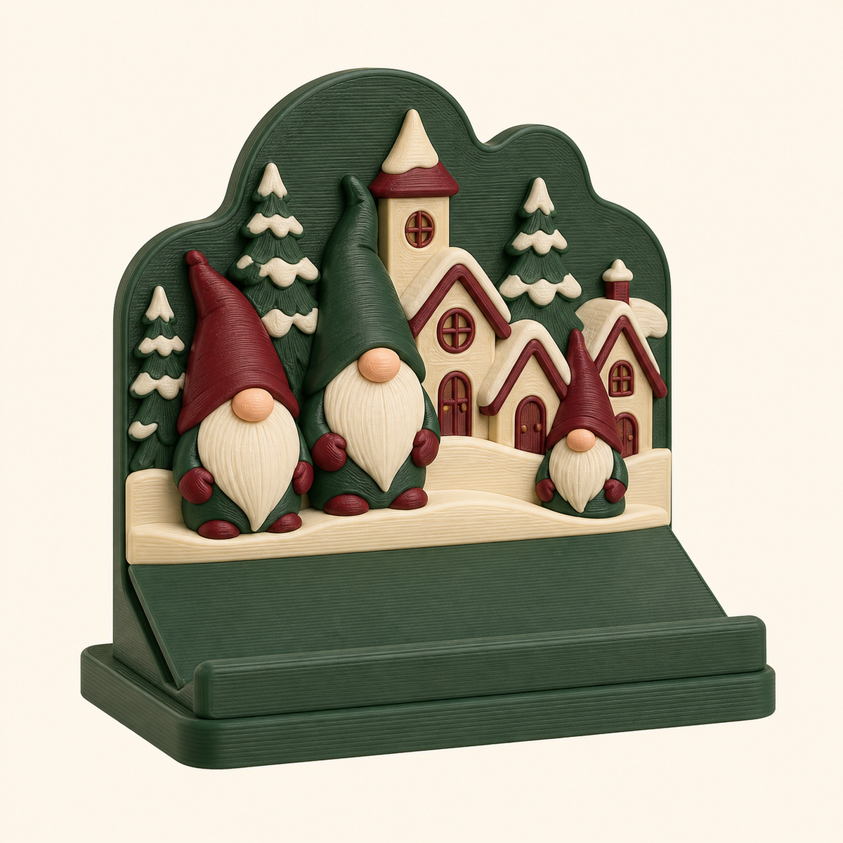 Winterwichtel-Präsentationsständer Wichtelbühne aus 3D-gedrucktem PETG in Tannengrün, Bordeaux, Creme