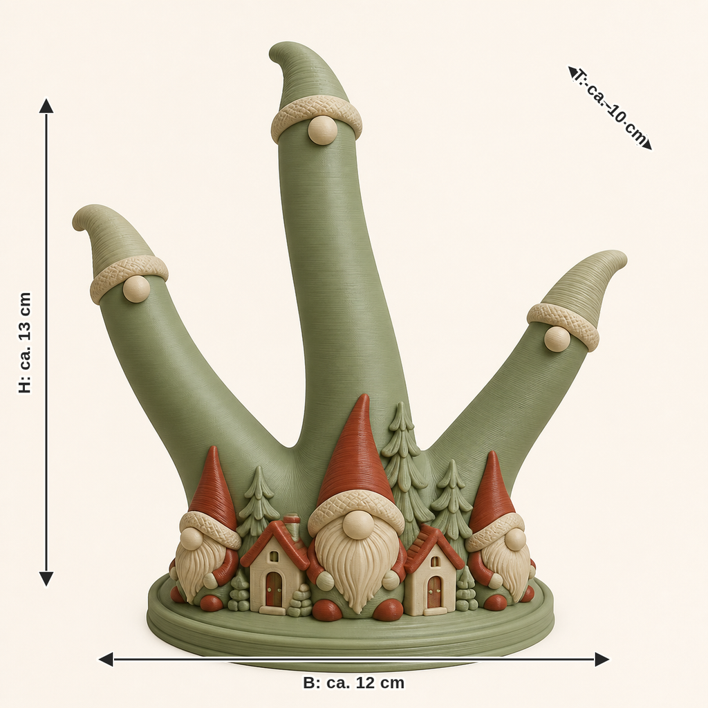 Maßbild für Winterwichtel-Ringhalter Mützenzweig: Breite ca. 12 cm, Tiefe ca. 10 cm, Höhe ca. 13 cm