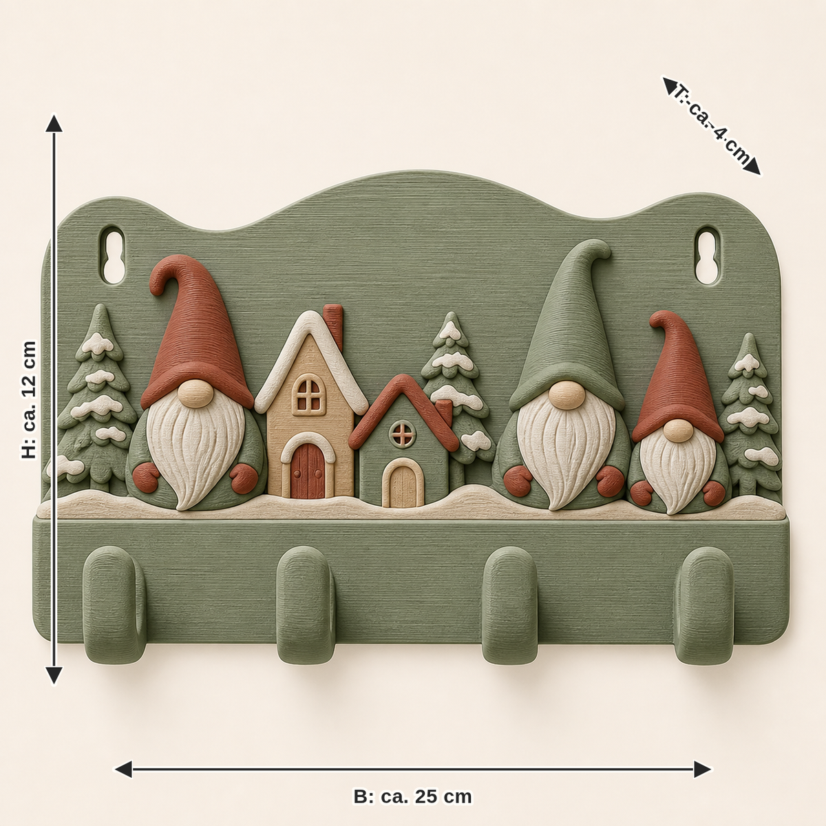 Maßbild für Winterwichtel-Schlüsselbrett Mützenhaken: Breite ca. 25 cm, Tiefe ca. 4 cm, Höhe ca. 12 cm