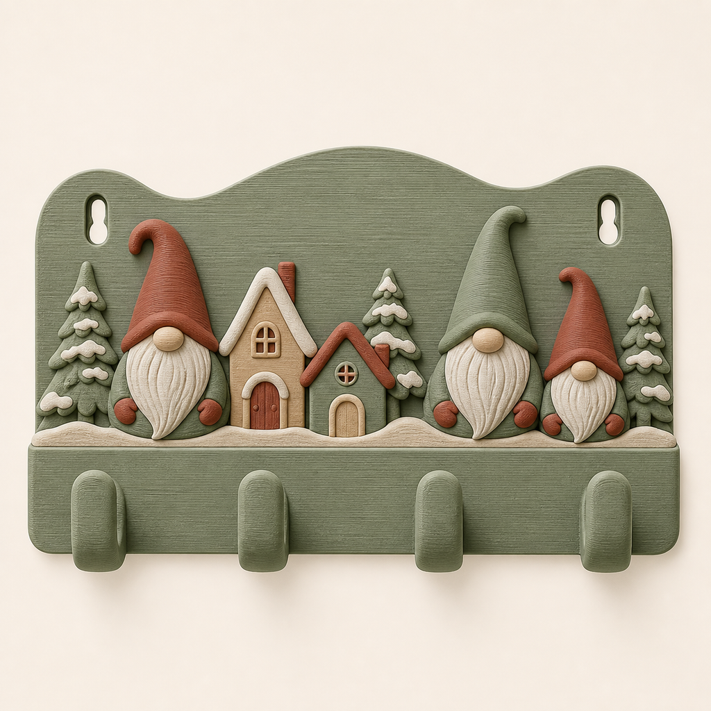 Winterwichtel-Schlüsselbrett Mützenhaken aus 3D-gedrucktem PETG in Salbeigrün, Rostrot, Sandbeige