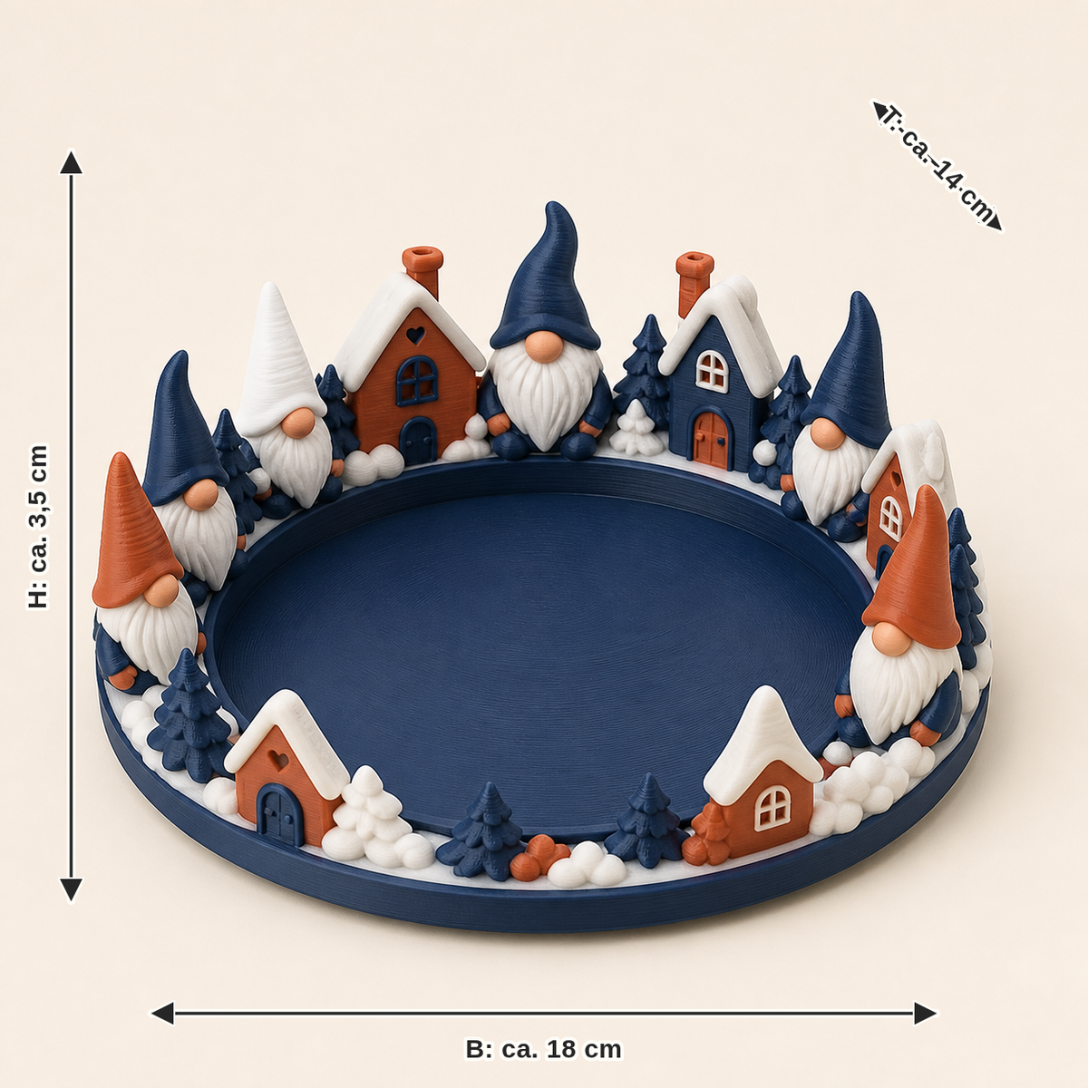 Maßbild für Winterwichtel-Schmuckschale Wichtelrand: Breite ca. 18 cm, Tiefe ca. 14 cm, Höhe ca. 3.5 cm