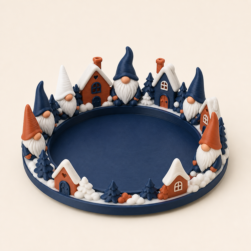 Winterwichtel-Schmuckschale Wichtelrand aus 3D-gedrucktem PETG in Nachtblau, Terrakotta, Schneeweiß
