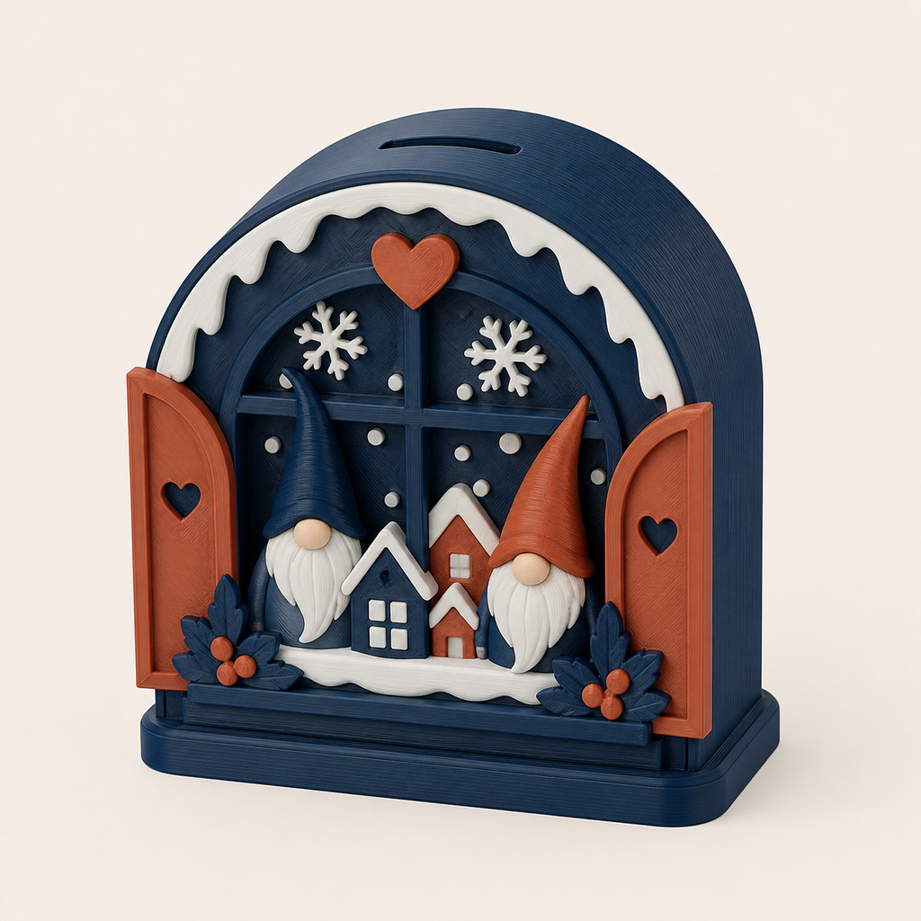 Winterwichtel-Sparbüchse Wichtelfenster aus 3D-gedrucktem PETG in Nachtblau, Terrakotta, Schneeweiß