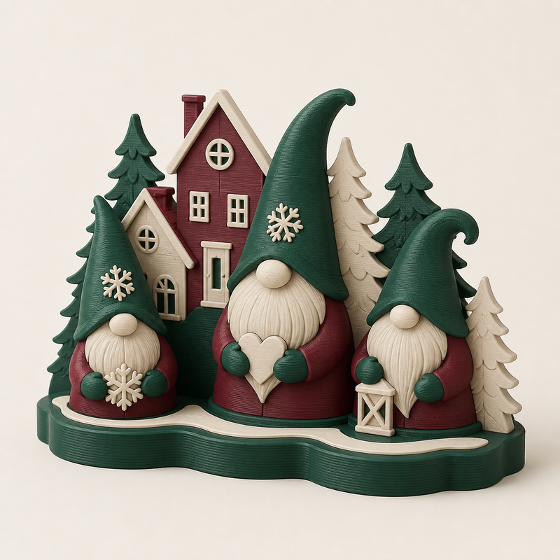 Winterwichtel-Tischaufsteller Wintergruppe aus 3D-gedrucktem PETG in Tannengrün, Bordeaux, Creme