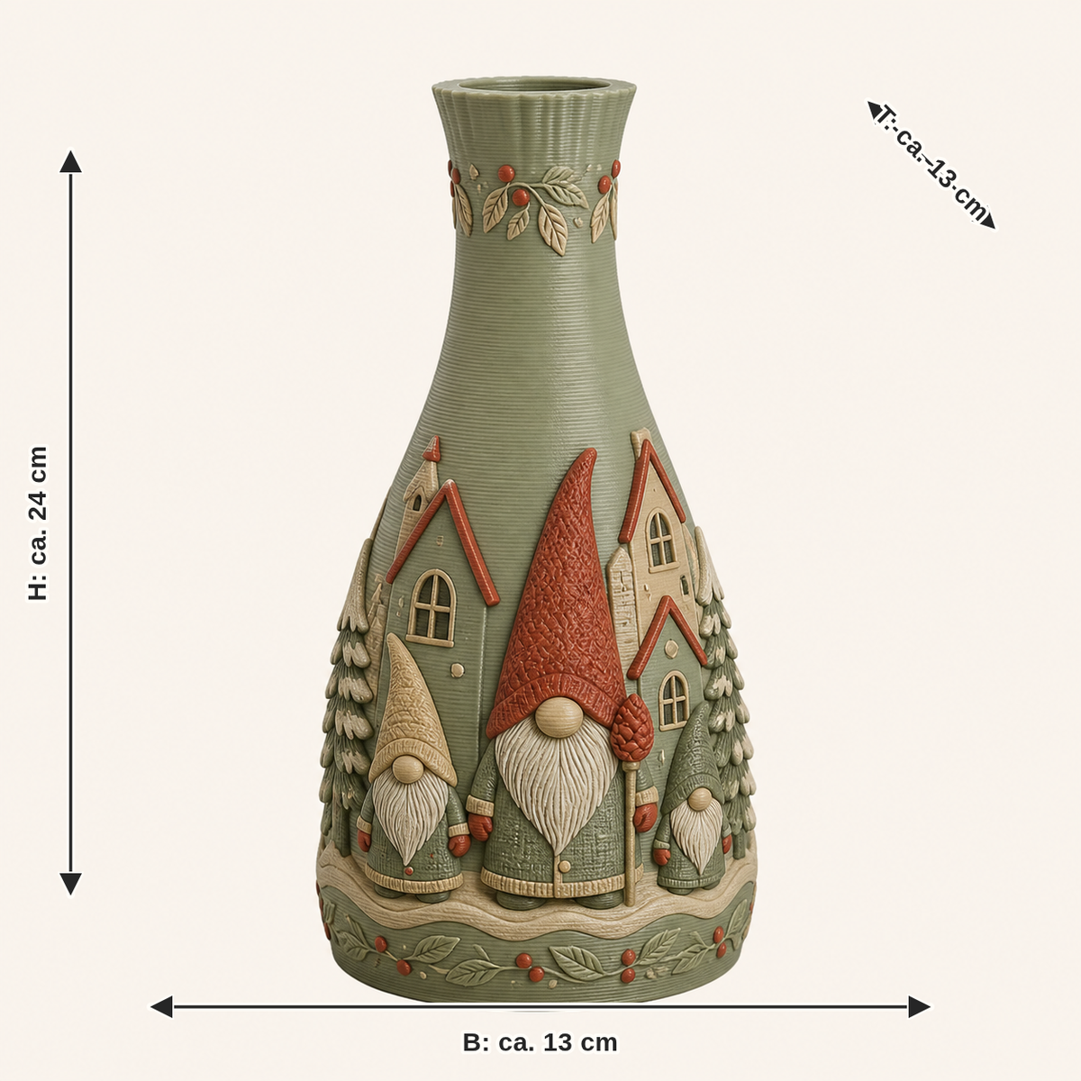 Maßbild für Winterwichtel-Trockenblumen-Vase Mützenstiel: Breite ca. 13 cm, Tiefe ca. 13 cm, Höhe ca. 24 cm