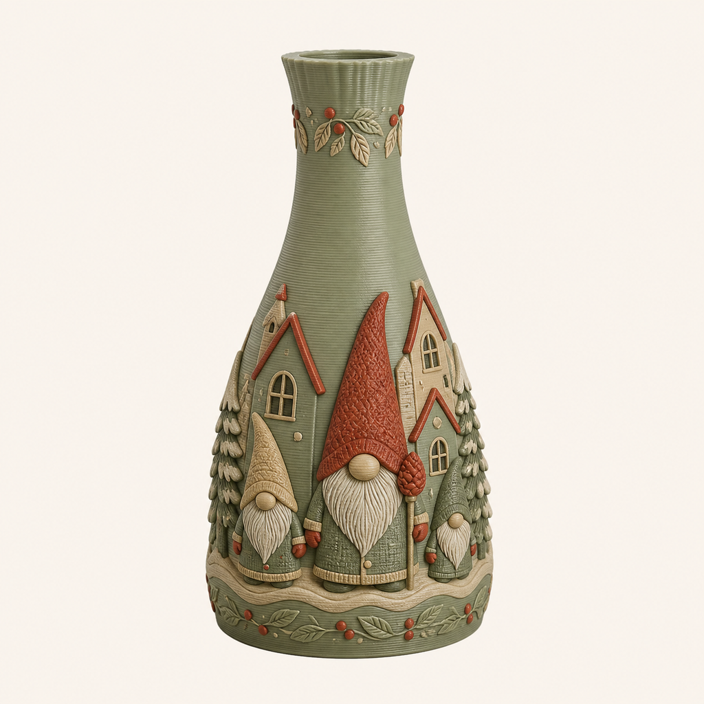 Winterwichtel-Trockenblumen-Vase Mützenstiel aus 3D-gedrucktem PETG in Salbeigrün, Rostrot, Sandbeige