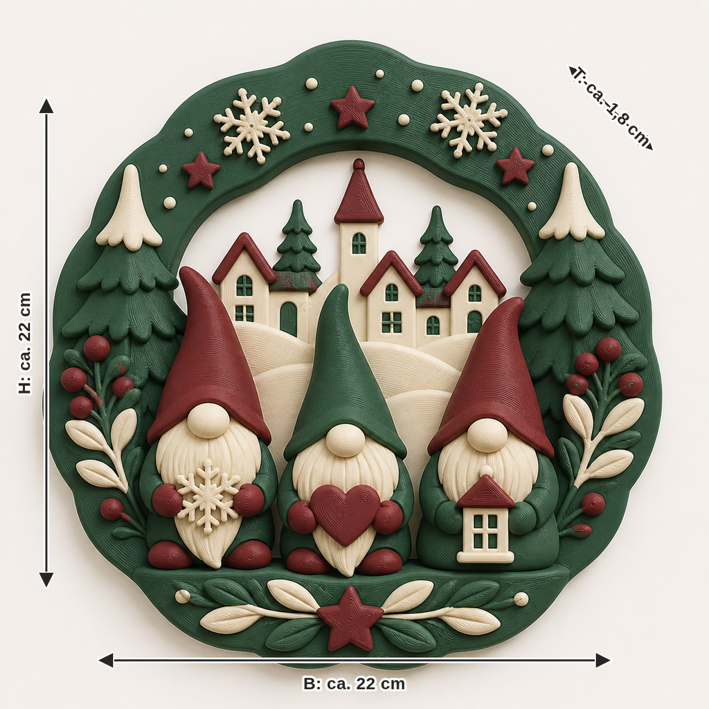 Maßbild für Winterwichtel-Wandrelief Wichtelkranz: Breite ca. 22 cm, Tiefe ca. 1.8 cm, Höhe ca. 22 cm