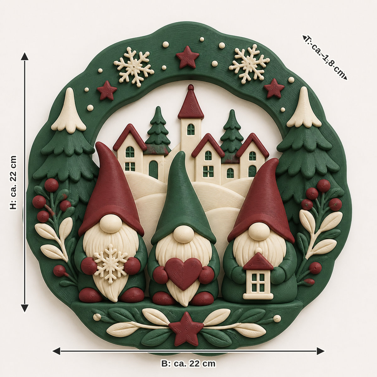 Maßbild für Winterwichtel-Wandrelief Wichtelkranz: Breite ca. 22 cm, Tiefe ca. 1.8 cm, Höhe ca. 22 cm