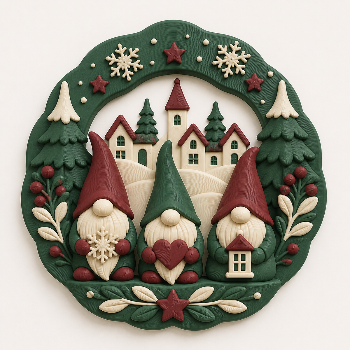 Winterwichtel-Wandrelief Wichtelkranz aus 3D-gedrucktem PETG in Tannengrün, Bordeaux, Creme
