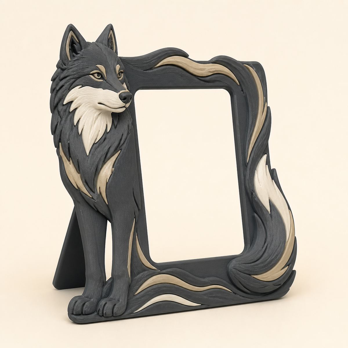 Wolf-Bilderrahmen Portrait-Rahmen aus 3D-gedrucktem PETG in Anthrazit, Sandbeige, Knochenweiß