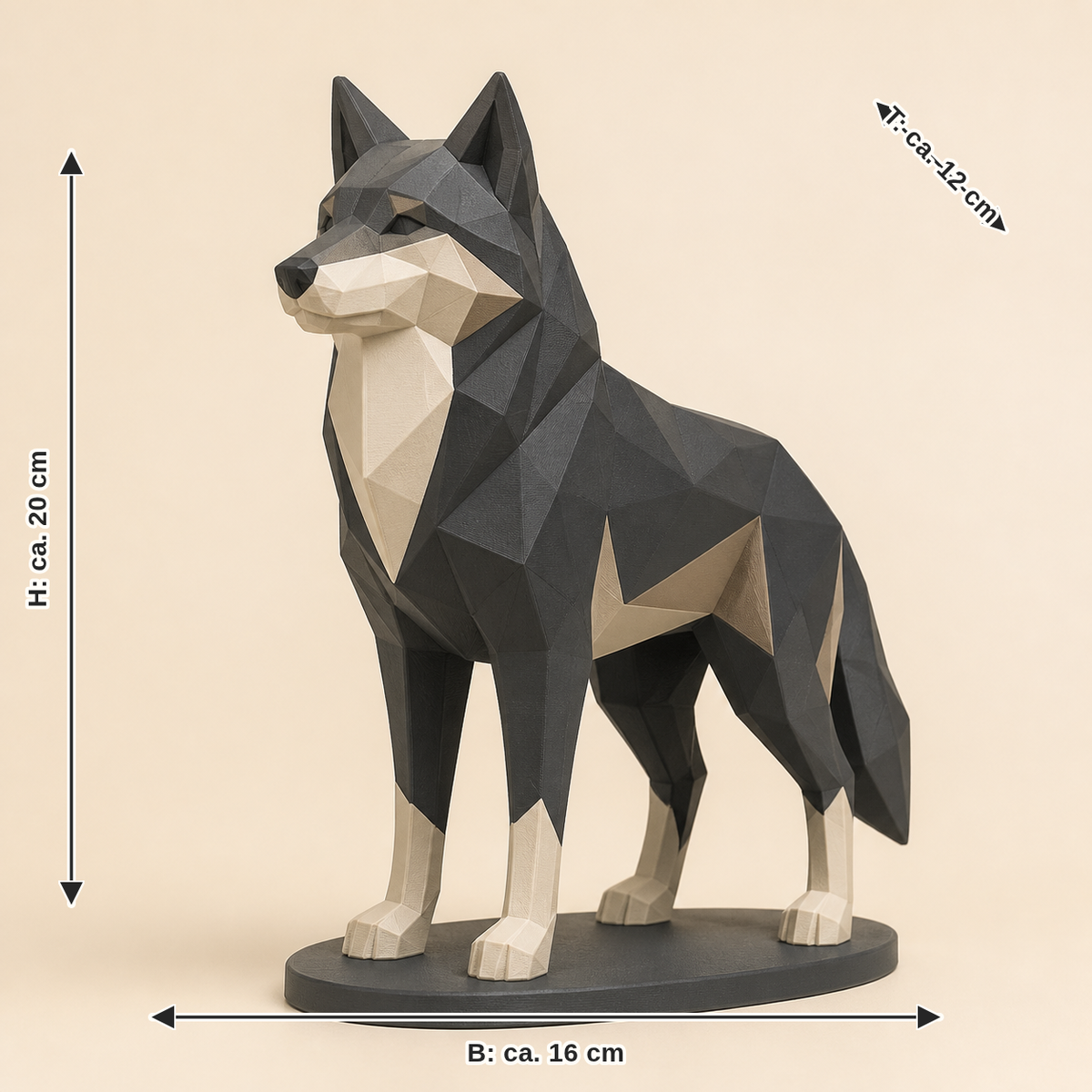 Maßbild für Wolf-Low-Poly-Skulptur Facettenfigur: Breite ca. 16 cm, Tiefe ca. 12 cm, Höhe ca. 20 cm