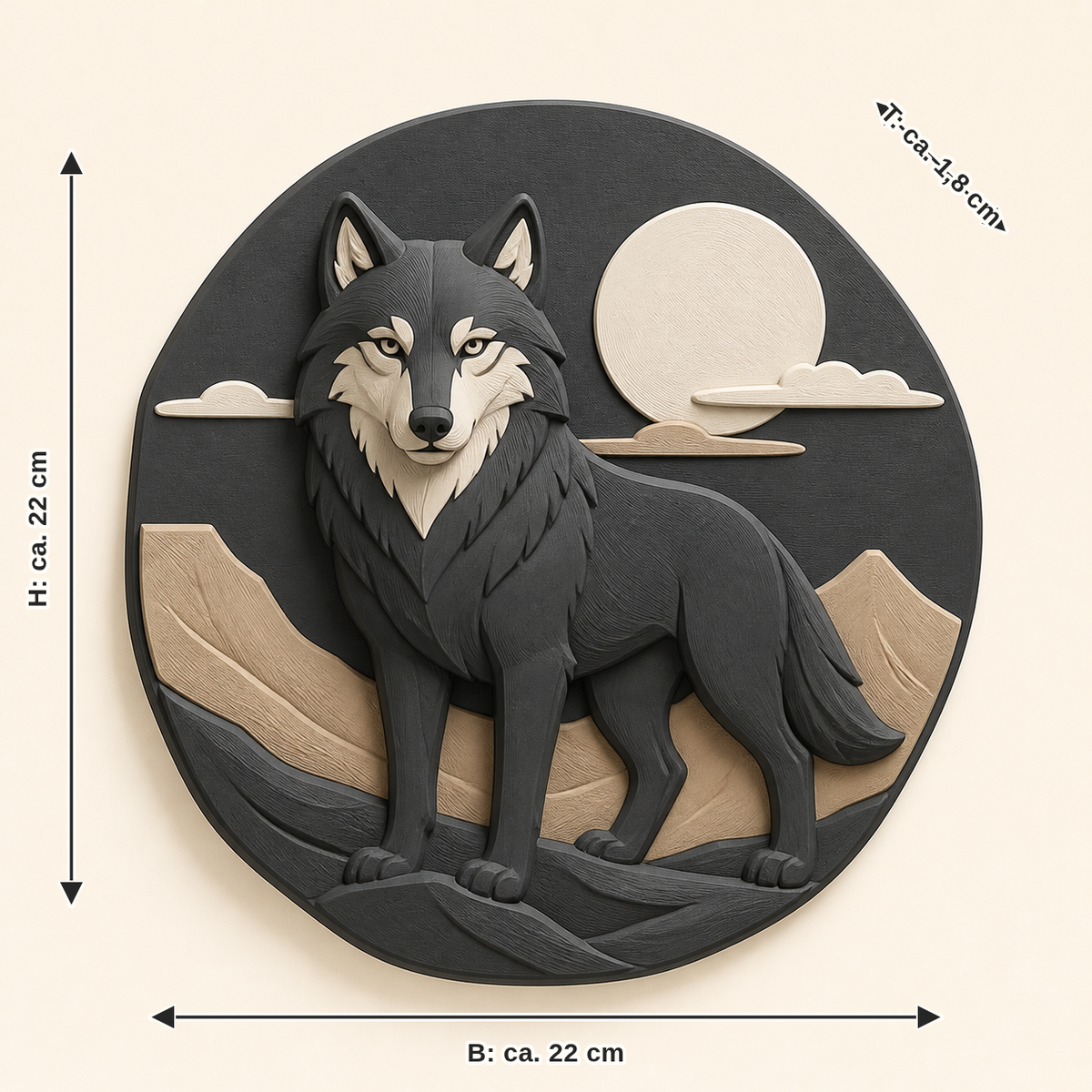 Maßbild für Wolf-Wandrelief Tierporträt: Breite ca. 22 cm, Tiefe ca. 1.8 cm, Höhe ca. 22 cm
