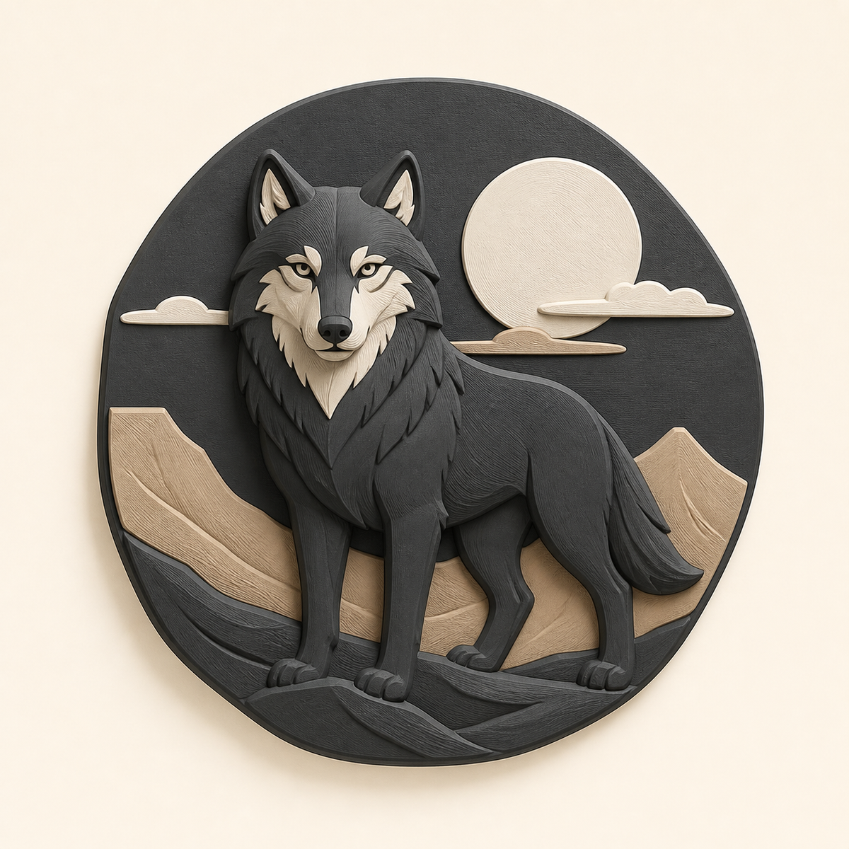 Wolf-Wandrelief Tierporträt aus 3D-gedrucktem PETG in Anthrazit, Sandbeige, Knochenweiß