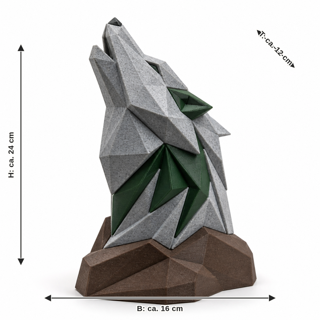 Maßbild für Wolfsskulptur Bergwacht: Breite ca. 16 cm, Tiefe ca. 12 cm, Höhe ca. 24 cm