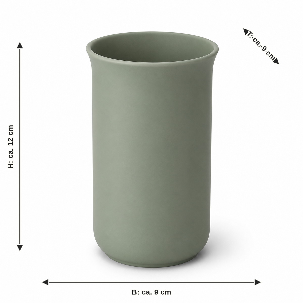 Maßbild für Zahnputzbecher in Salbeigrün: Breite ca. 9 cm, Tiefe ca. 9 cm, Höhe ca. 12 cm