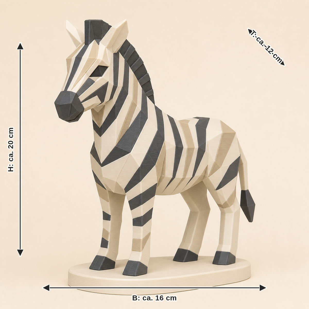 Maßbild für Zebra-Low-Poly-Skulptur Facettenfigur: Breite ca. 16 cm, Tiefe ca. 12 cm, Höhe ca. 20 cm